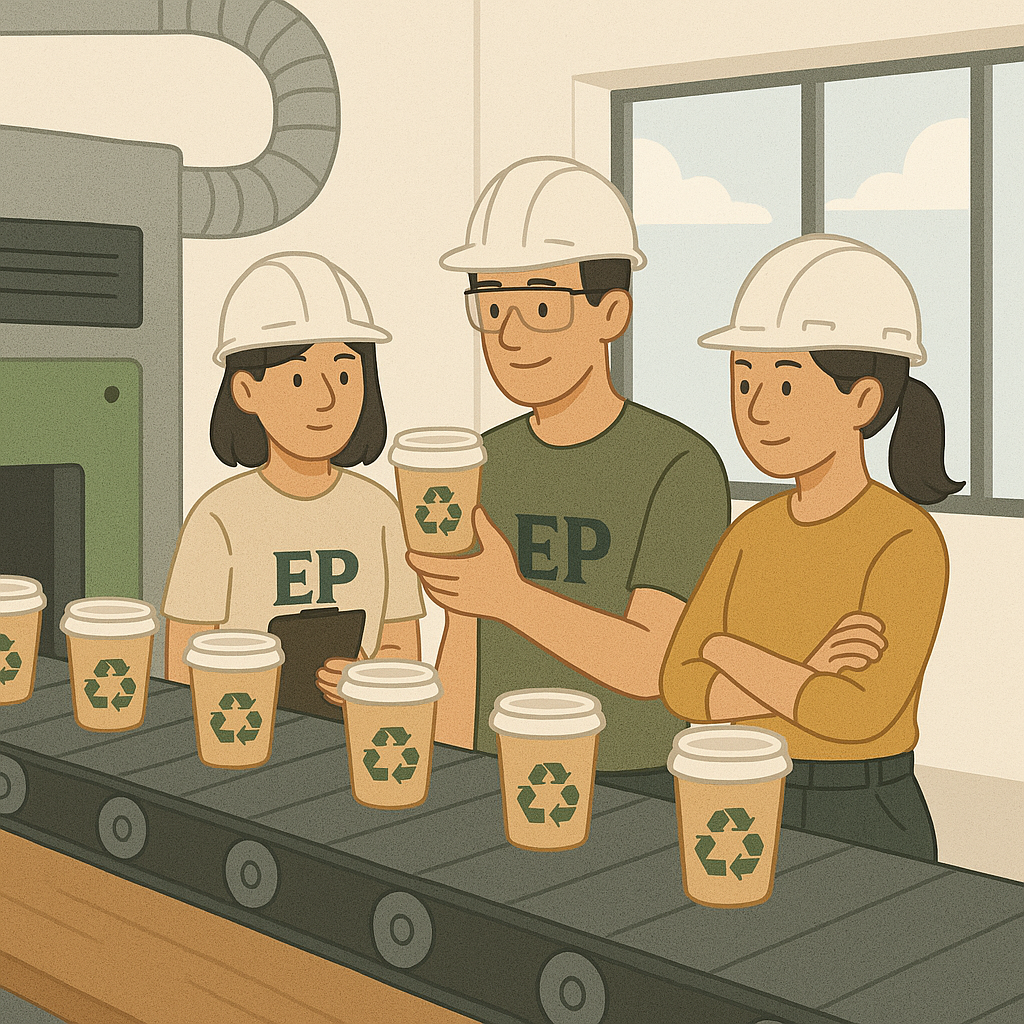 Echopack tim sedang mengawasi produksi hot cup